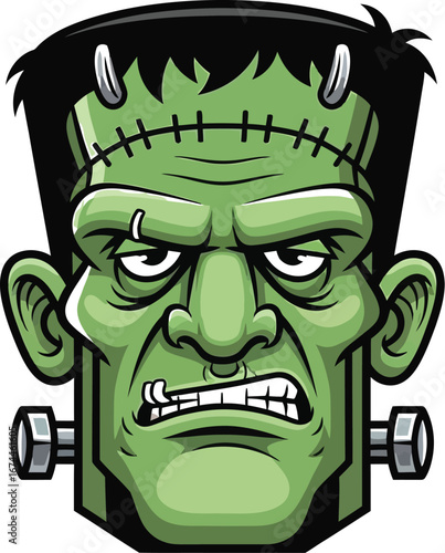 Cartoon illustration of frankenstein's monster head with green skin and black hair