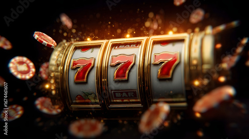 Close up of a classic gold slot machine with lucky sevens and casino chips 