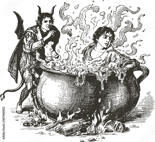 Vintage engraving of a hell scene: devil with wings watches a sinner man boiling in a cauldron. Detailed cross hatching, dramatic expression.