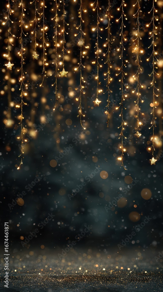 Obraz premium Golden lights cascade from above, creating a magical atmosphere in a dimly lit space during an evening celebration