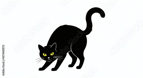 Clipart of a black cat with an arched back and a raised butt, and bright yellow eyes.