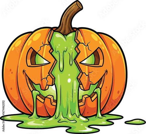 Spooky halloween pumpkin with green slime oozing out of its cracked carved face