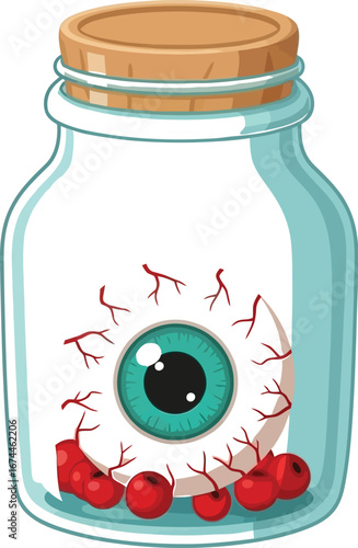 Eyeball in a jar with red berries a spooky halloween decoration illustration