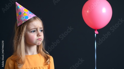 Sad Girl Birthday Party Hat Pink Balloon Child Upset