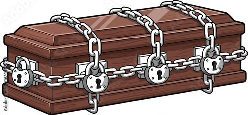Cartoon coffin secured with metal chains and padlocks symbolizing secrets kept safe