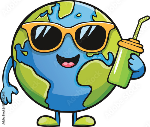 Cool Cartoon Earth Drinking from Reusable Bottle with Sunglasses