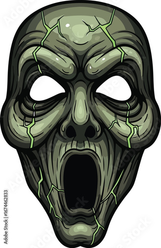 Scary zombie mask with cracks and an open mouth isolated on a white background