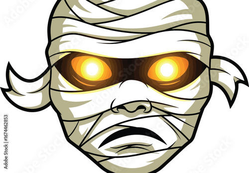 Cartoon mummy face with glowing eyes wrapped in bandages on a white background