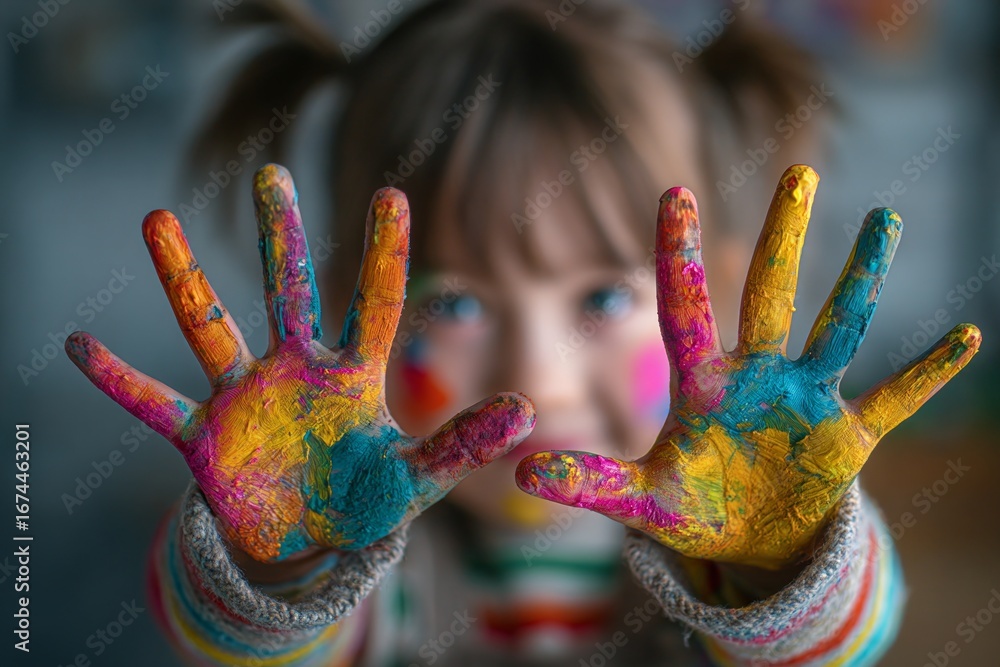 Fototapeta premium Preschooler showing colorful painted hands, expressing creativity, fun, and early childhood education