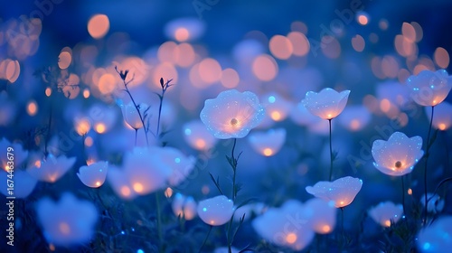 Glowing Night Flowers Field Blue Fantasy