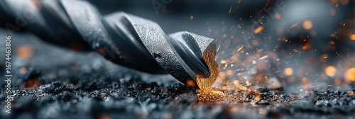 Close-up of a drill bit creating sparks while cutting through metal in a workshop at dusk