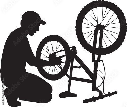 Silhouette of person in baseball cap working on bicycle wheel bike repair