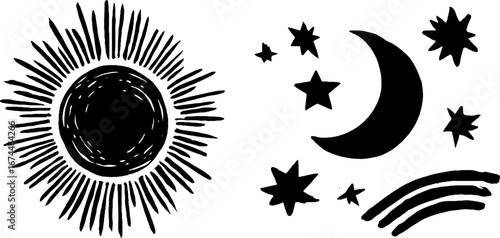 Abstract linocut composition with sun and celestial elements for decorative design