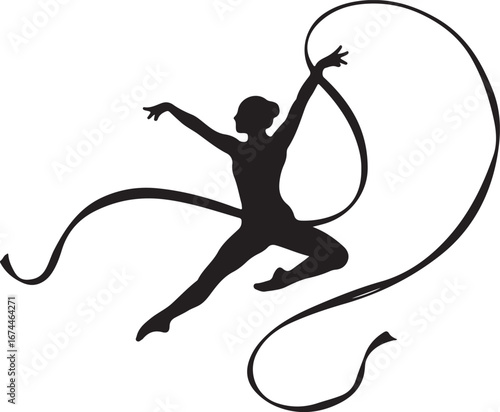 Black silhouette of a rhythmic gymnast performing with a ribbon rhythmic gymnastics black and white