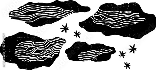 Linocut abstract organic composition with layered fluid forms for artistic design