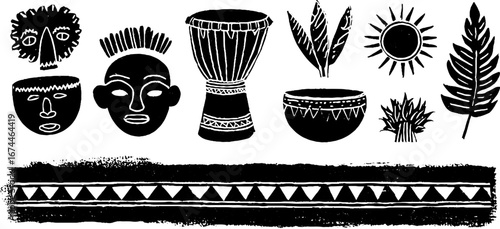 African linocut art of masks, drums, suns, and leaves for cultural design and decoration