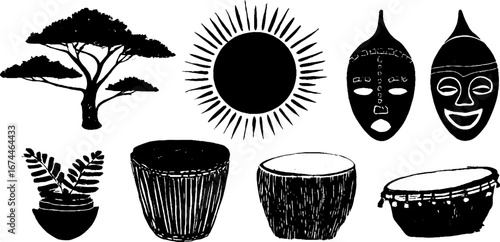 African cultural elements featuring drums, masks, and sun for creative designs