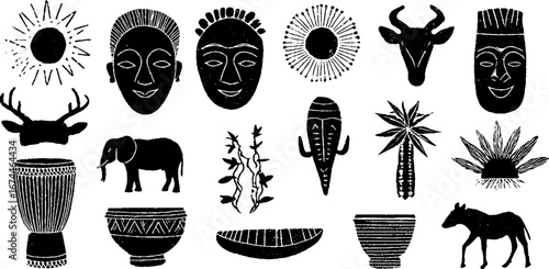 African cultural linocut set: masks, drums, and calabash design for boho art projects