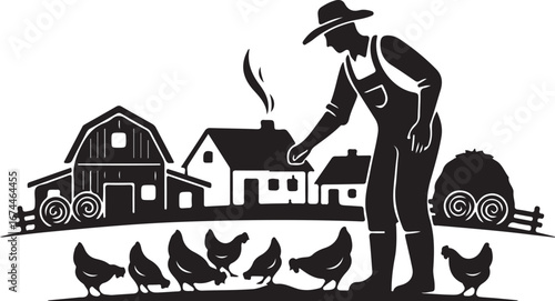 Farmer feeding chickens in front of barn and houses on a farm poultry