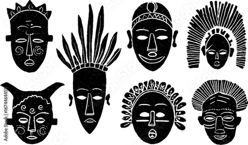 Linocut african masks collection featuring dogon and baule designs for bohemian art projects