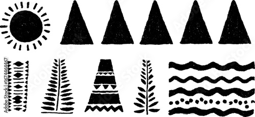 African inspired linocut seamless pattern with triangles and dots for textile and wallpaper design