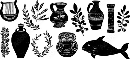 Ancient greece cultural elements collection with lyre, amphora, and laurel for craft and design