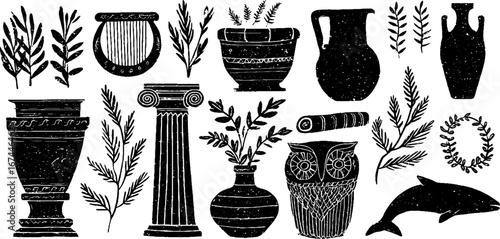 Ancient greece culture collection: linocut lyre, amphora, and nature elements for design