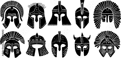 Ancient helmets collection in linocut style - corinthian designs for historical artwork