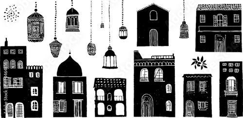 Linocut architecture seamless pattern with houses and hanging lanterns for design use