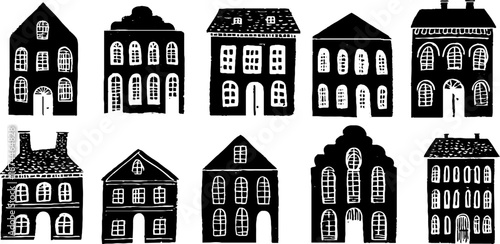 Linocut architecture seamless pattern of houses with wind theme for design and decoration