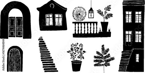 Linocut architecture collection featuring archways, wooden doors, and vintage staircases for design and print