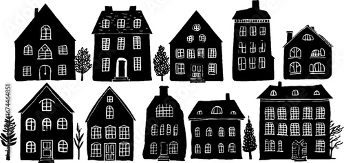 Linocut architecture pattern of houses seamless design for decoration and crafts
