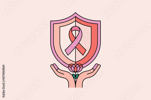 Illustrated shield with pink breast cancer ribbon held by hands on a light pink background design