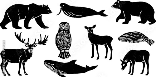 Scandinavian arctic wildlife linocut set featuring polar bear, walrus, whale, owl, and deer for nature-inspired designs