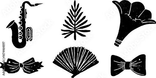 Art deco linocut icons set featuring saxophone and gramophone for vintage design