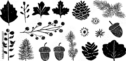 Linocut autumn winter seamless pattern with leaves and acorns for woodland design