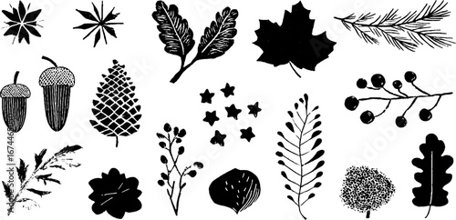 Autumn and winter linocut seamless pattern with leaves, acorns, and stars for design