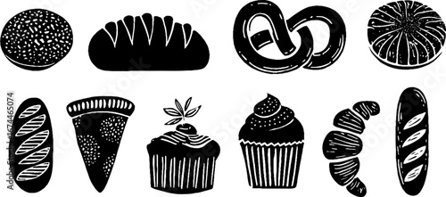 Linocut bakery collection with bread, loaf, baguette, pretzel, cupcake for rustic design and vintage decor