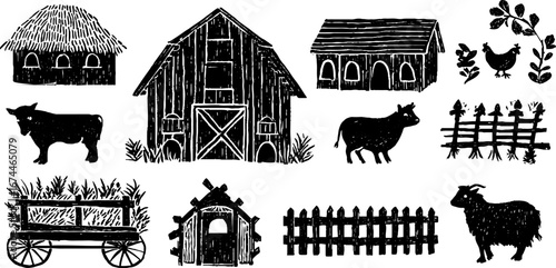 Rustic barnyard elements collection: farm animals and structures for creative design