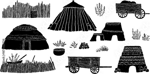 Bronze age village linocut set featuring roundhouses and traditional huts for woodland design