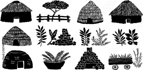 Bronze age village linocut set featuring roundhouse huts and woodland elements for design and decoration