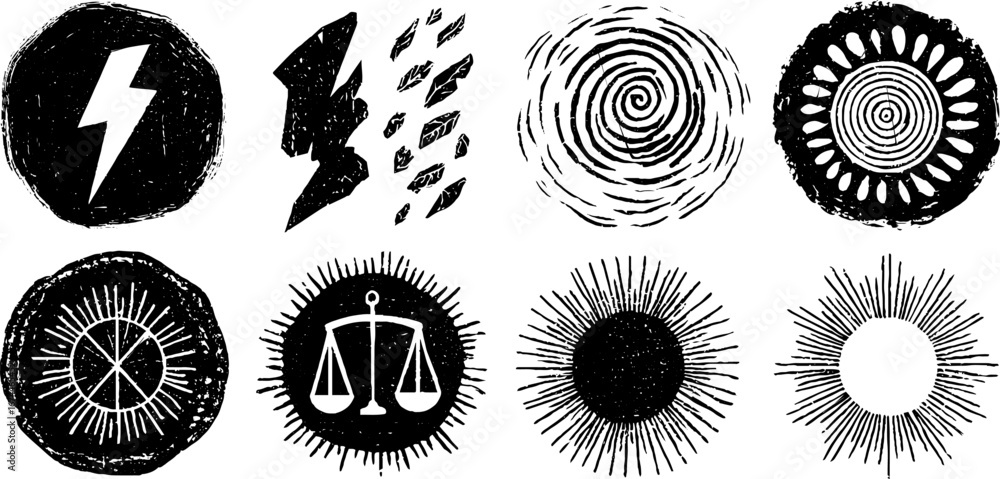 Fototapeta premium Chaos versus order symbol set featuring abstract linocut and broken glass elements for artistic design