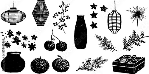 Chinese new year linocut seamless pattern with lanterns and festive elements for design