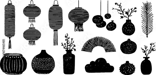 Chinese decorative linocut set with lanterns and plum blossoms for design and craft projects