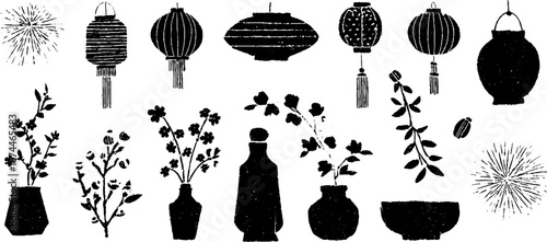 Linocut chinese new year seamless pattern with lanterns and floral silhouettes for festive design