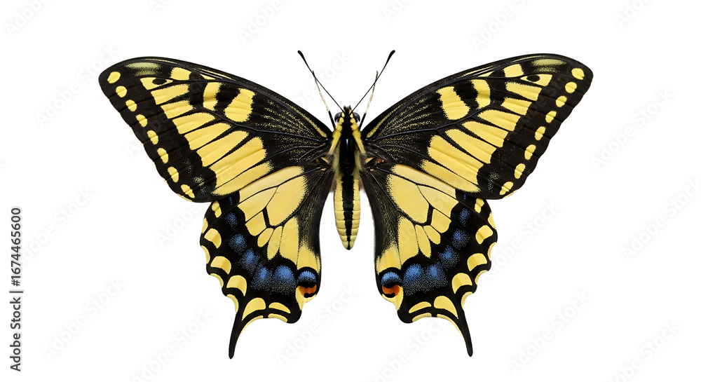 Obraz premium Yellow Swallowtail Butterfly Isolated on Black Background Detailed Wings and Natural Beauty Macro Shot