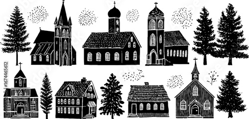 Gothic cathedrals and chapels linocut collection for vintage design projects