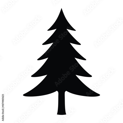 Black silhouette of a stylized evergreen tree against a white background