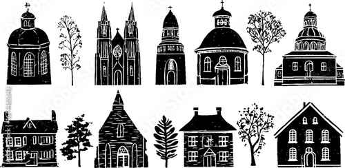 Gothic cathedrals and chapels linocut collection for artistic design projects