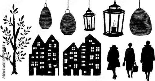 Scandinavian cityscape linocut with houses and lanterns for artistic design